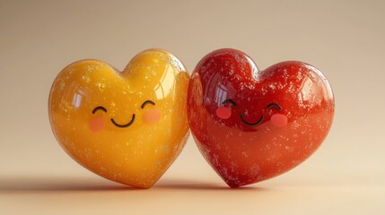 Fototapeta premium Adorable smiling heart-shaped jelly candies in yellow and red with happy faces