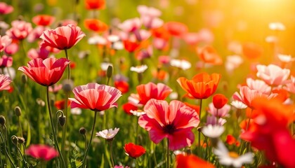 The image showcases a vibrant wildflower field, bursting with color and life. Various flowers, including pink and purple poppies, stand tall among a lush green backdrop. The delicate petals of the flo