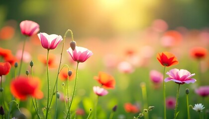 Fototapeta premium The image showcases a vibrant wildflower field, bursting with color and life. Various flowers, including pink and purple poppies, stand tall among a lush green backdrop. The delicate petals of the flo