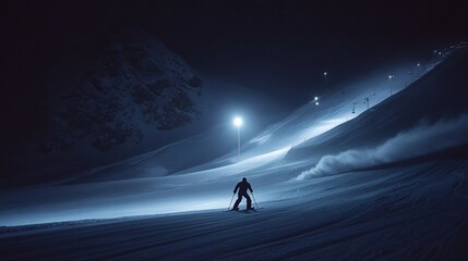 Fototapeta premium Skier on a snowy mountain slope at night.