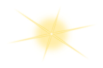Gold shine star isolated. Light sparkle effect on transparent background. Sunlight with bright rays. Shining star. Light lens flare. PNG Spotlight. Light beam. Glow design elements