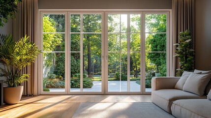 Fototapeta premium Sunlit living room with large patio doors opening to a lush garden.