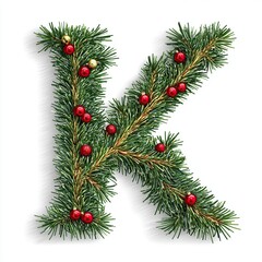 Christmas letter K made of pine branches with red berries on white background. Holiday-themed evergreen leaves