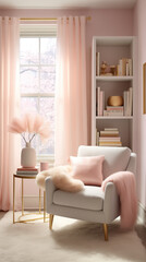 Obraz premium Living room with big window and armchair and plant on coffee table.