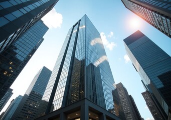 Naklejka premium glass facade modern bank building viewed distance among