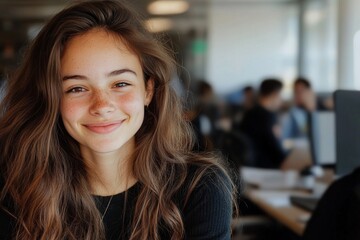 Obraz premium Young woman smiles warmly in a modern office setting filled with focused colleagues