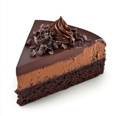 Decadent Chocolate Cake Slice with Rich Ganache Topping, Whipped Cream Swirl, and Shaved Chocolate Garnish on a Clean White Background