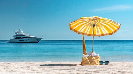 Obraz premium Beach landscape with striped yellow umbrella, beach bag with towel, sunglasses and cocktail. Sea background with yacht. Flat design. Copy space. 