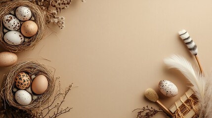 Obraz premium Easter eggs in nests with feathers and branches on beige background.