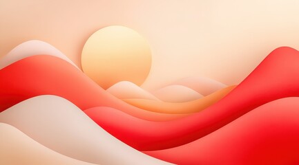 Vibrant sunset over stylized hills with flowing red and cream colors in a tranquil landscape