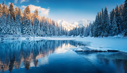 A panoramic view of the covered with frost trees in the snowdrifts. Magical winter forest. Natural landscape with beautiful sky.