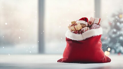 Red Santa Claus sack full of gifts on white background