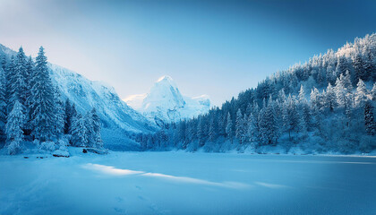 Obraz premium A panoramic view of the covered with frost trees in the snowdrifts. Magical winter forest. Natural landscape with beautiful sky.