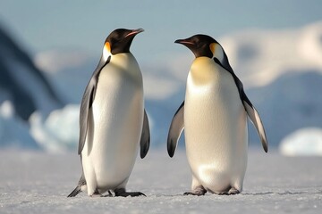 Obraz premium Emperor penguins standing on snow during a sunny day in Antarctica