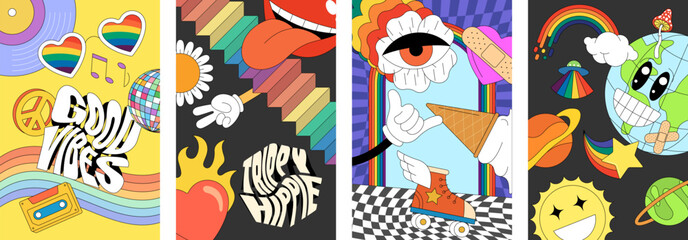 Fototapeta premium Groovy 90s posters with psychedelic cartoon style. Vibrant retro hippie elements featuring mountains, sun rays, flowers, and trippy waves. Funky Y2K collection with comic smiley characters
