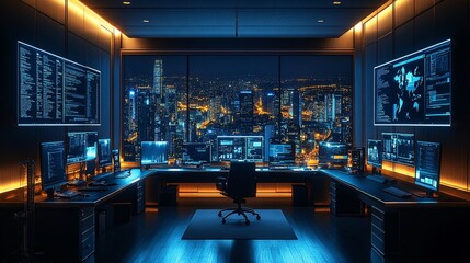 Modern office with high-tech gadgets and multiple computer screens