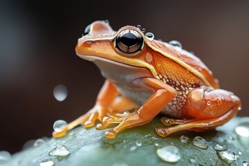 Naklejka premium Bright orange frog perched on a green leaf surrounded by water droplets in a lush tropical environment
