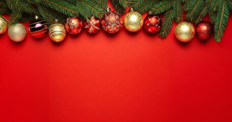 vibrant christmas design featuring red and gold ornaments hanging from pine branches against a bold red background. perfect for xmas, new year, holiday cards, banners, and seasonal decorations.