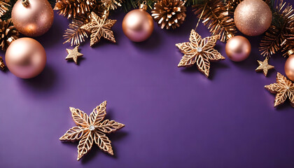 elegant arrangement of rose gold christmas ornaments, stars, and pinecones on a vibrant purple background. perfect for xmas, new year, holiday cards, festive designs, and seasonal backdrops.