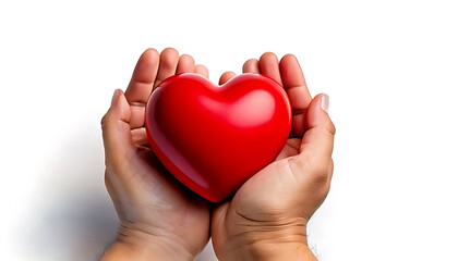 Obraz premium Hands holding a red heart on a white background.