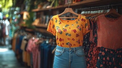 Trendy fashion boutique with stylish clothing and accessories displayed