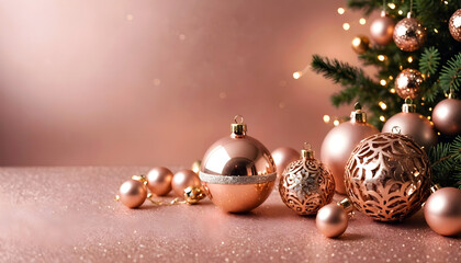 rose gold christmas ornaments with pine tree on sparkling festive background