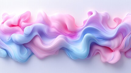 Abstract, flowing, pastel pink and light blue liquid paint swirls on a white background.