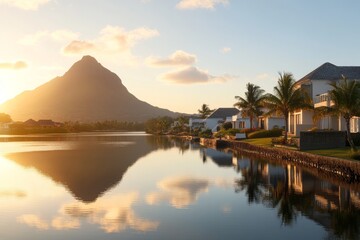 Obraz premium Sunrise view over serene lake reflecting mountain and tropical homes in peaceful environment