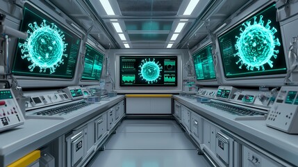 A futuristic laboratory featuring monitors displaying a virus, emphasizing scientific research and advanced technology.