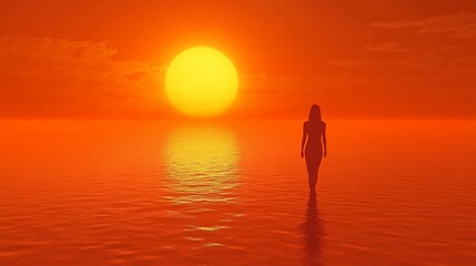 Fototapeta premium Woman walking into sunset ocean.