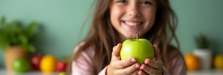 Young female holds a fresh green apple against a natural organic desk background surrounded by healthy eating concepts._00002_
