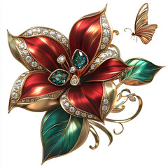3D red, green and gold diamond flower with golden leaves, diamonds encircling the flowers