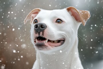 Obraz premium Happy white dog enjoying snowfall in winter landscape with soft falling snowflakes