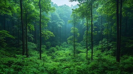 Fototapeta premium Dense forest with tall trees and lush green vegetation