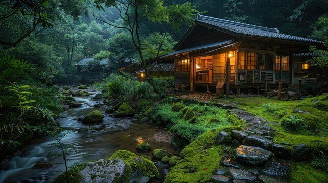 a Japanese house by a stream in a mossy forest at night