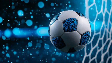 Naklejka premium A dynamic soccer ball soaring toward the goal, set against a blue, bokeh background that enhances the energetic atmosphere of the game.