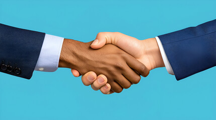 A close-up of two hands shaking, symbolizing agreement, partnership, and collaboration against a vibrant blue background.