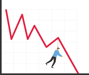 Despairing man wants to hang himself on a graph down. The stock market crashed during a crisis or the bubble burst. Investment risk or economic recession.

