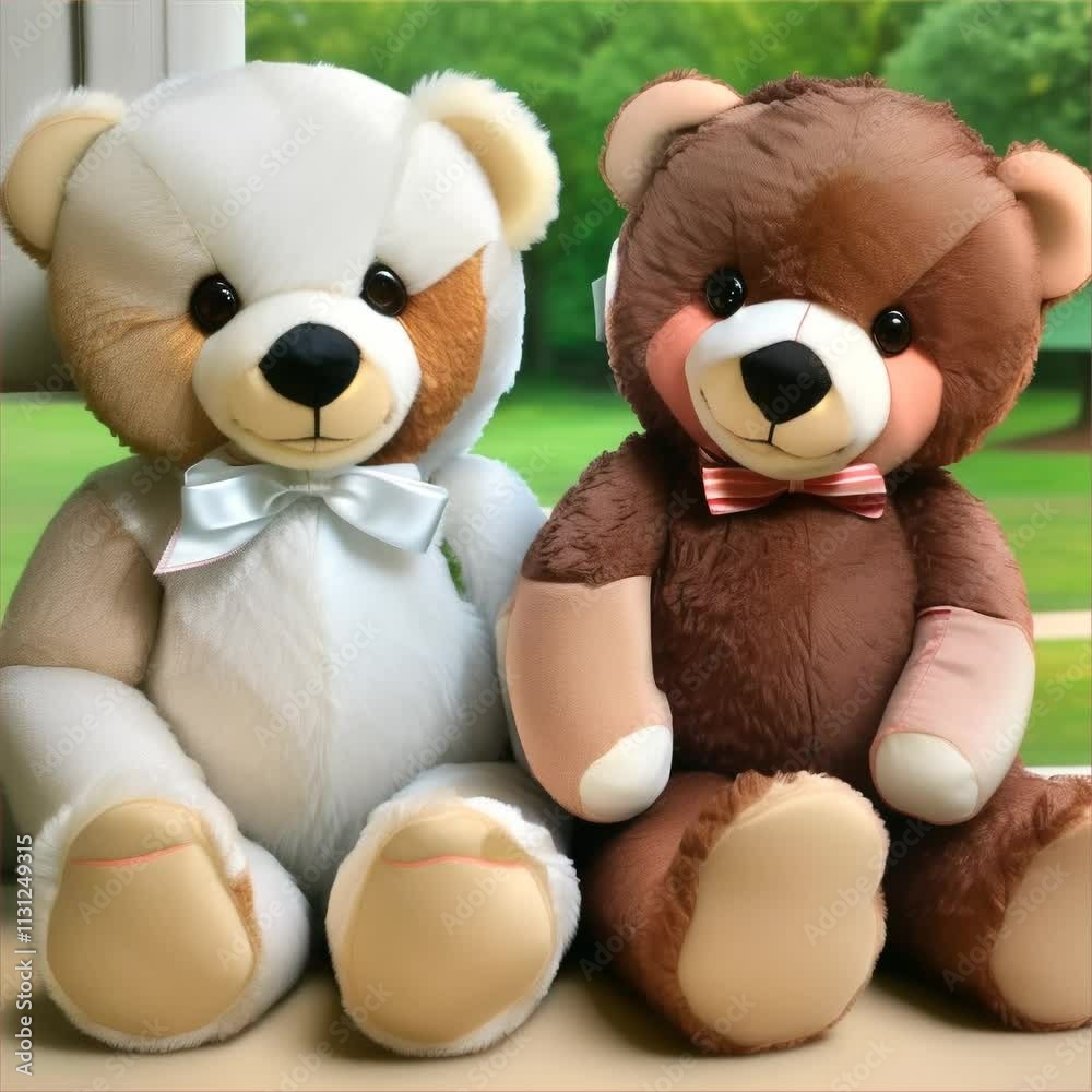 Poster Two teddy bears, one white and one brown, sit side by side with bows, against a window with a green background.