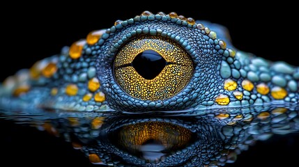 Naklejka premium A close up of a gecko's eye reflected in water