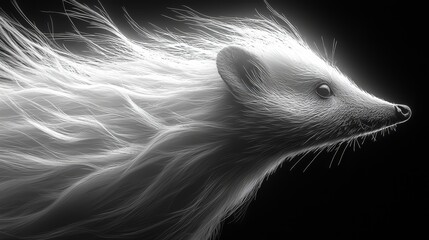 A black and white drawing of a hedgehog on a black background