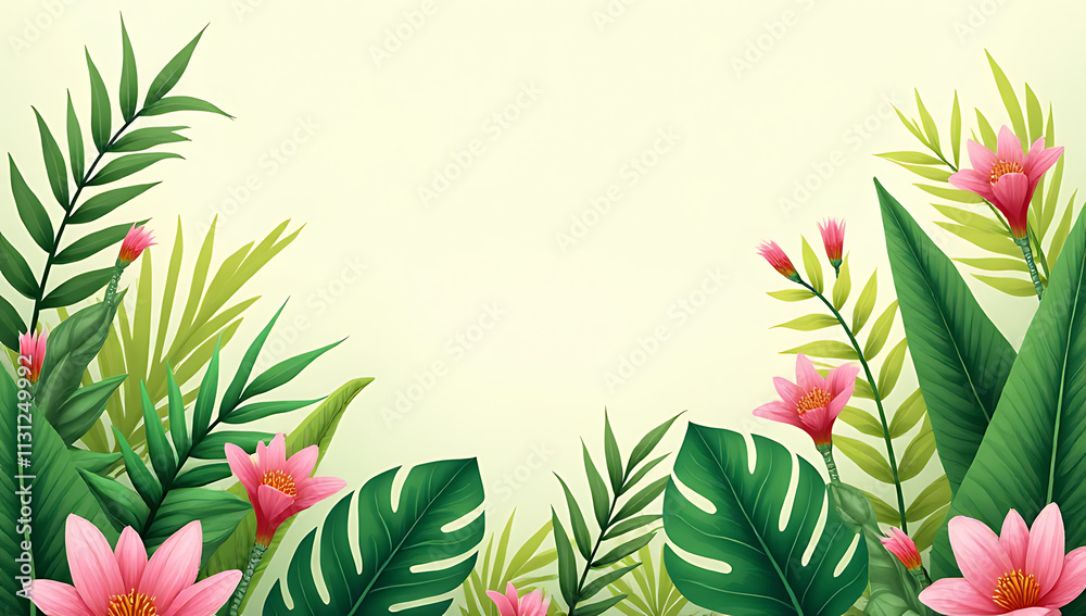 Poster vibrant tropical leaves on a soft pastel background create a stunning botanical design with lush gre
