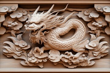 Intricate wooden carving of a dragon amidst floral designs in traditional craftsmanship