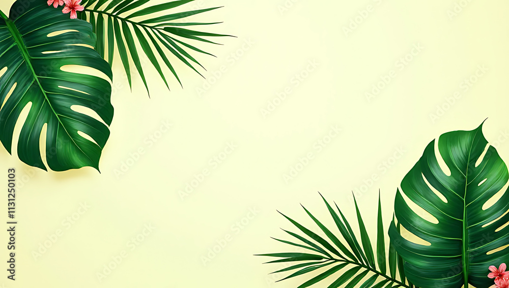 Poster vibrant tropical leaves on a soft pastel background create a stunning botanical design with lush gre