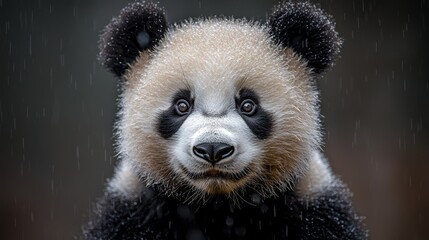 Obraz premium A panda bear sitting in the rain looking at the camera