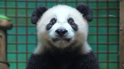 Obraz premium A panda bear sitting in a cage looking at the camera