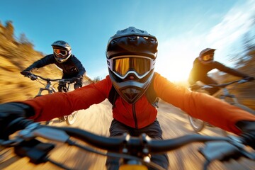 Naklejka premium Exciting mountain biking adventure at sunset with riders on a dirt trail