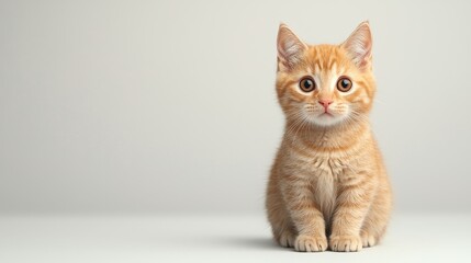 Obraz premium A cute orange kitten sitting calmly against a neutral background, showcasing its large eyes and fluffy fur.