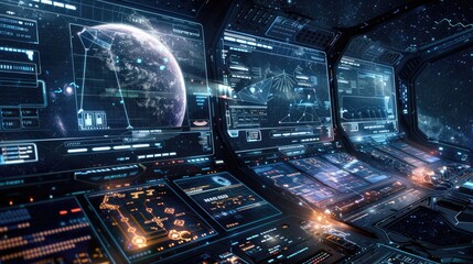A high-tech interface with transparent screens and holographic data projections, set against a deep space backdrop