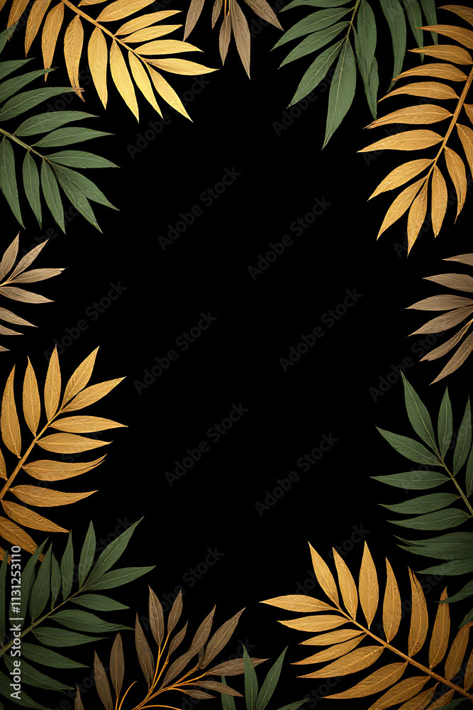 Poster tropical leaves in gold colors arranged on a black space background create a unique abstract leaf de